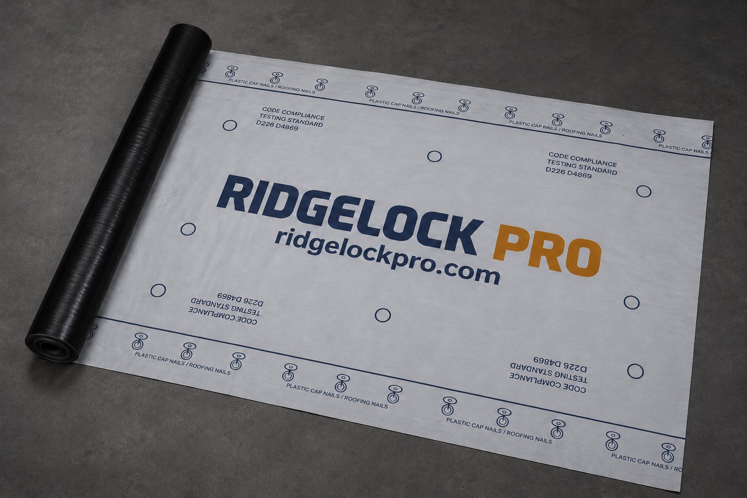 RIDGELOCK PRO light-gray synthetic roofing underlayment branding preview with a black rolled edge on a dark background