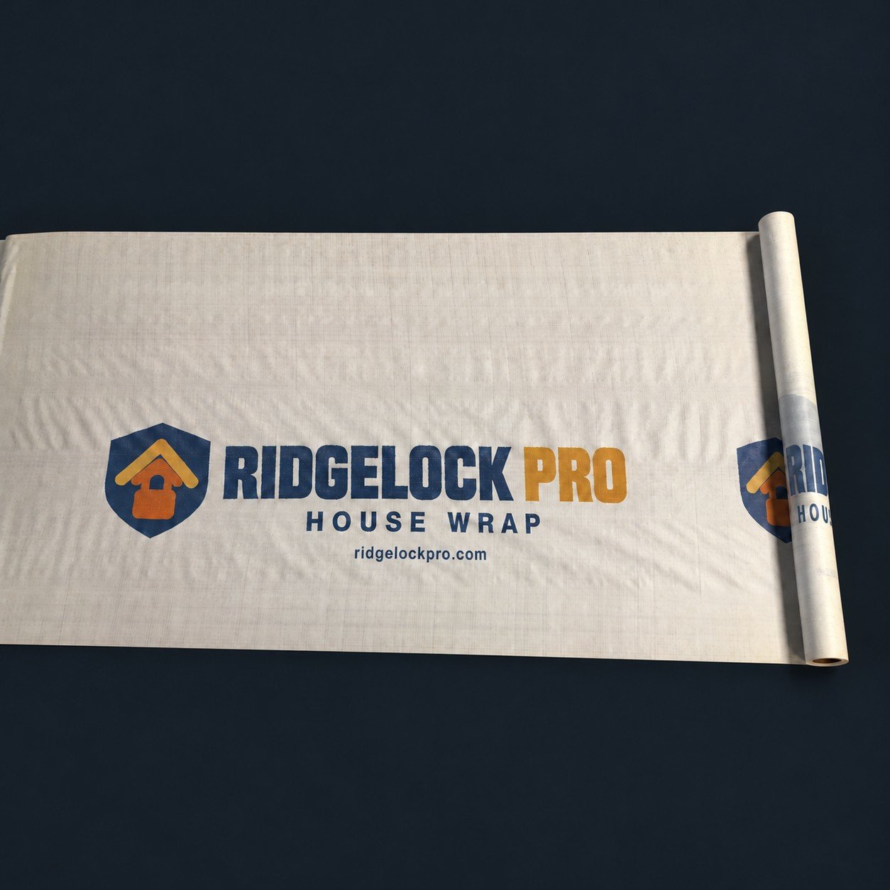 RIDGELOCK PRO house wrap branding preview on a white woven sheet with a rolled right edge